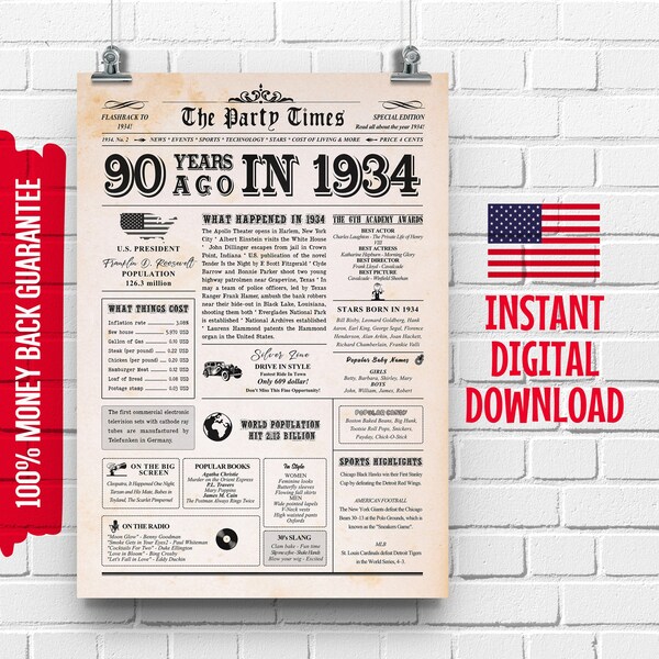 1934 90th Birthday Newspaper Sign | 90th Birthday Gift for Men or Women | 90 Years Ago Back in 1934 Poster | What Happened in 1934