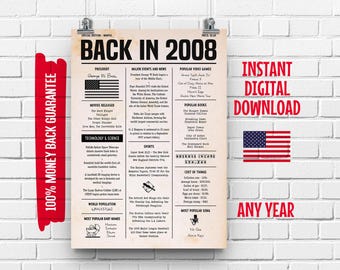 2008 Birthday Newspaper Sign: Fun Facts Trivia - Printable Wall Art (Digital Download)