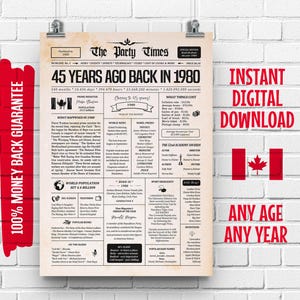 45th Birthday Kanadisches Zeitungsschild 1980 | Geschenk zum 45 Geburtstag für Männer oder Frauen | 1980 Poster Vor 45 Jahren | Was 1980 Geschah