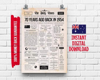 1954 70th Australian Birthday Newspaper Sign | 70th Birthday Gift for Men or Women | 70 Years Ago Back in 1954 Pack | Cheers to 70 Years