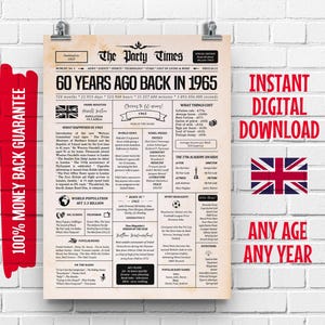 60th Birthday Newspaper Poster: UK 1965 Facts (Digital Download