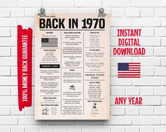 1970 Birthday Newspaper Sign: Fun Facts Trivia - Large Wall Art (Instant Download)