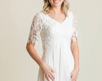 Lovely Soft White Boho Wedding or Ceremony Dress with Chantilly Lace & Waterfall Chiffon Skirt