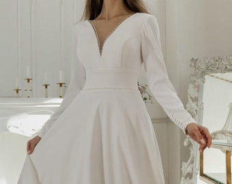 Stunning Mid Calf Tea Length Wedding Dress. Deluxe Satin with Long Sleeves, Fitted Bodice & Pearl Edging