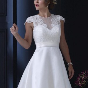 Beautiful Tea Length Wedding Dress Outfit - Ivory or White Satin with Fitted Bodice & Lace.