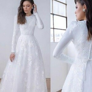 Modest Brilliant White LDS Wedding Dress with Floaty Skirt & High Button Back