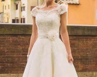 Beautiful Ivory White Mid Calf Tea Length Wedding Dress with Deluxe Floral Lace Detailing