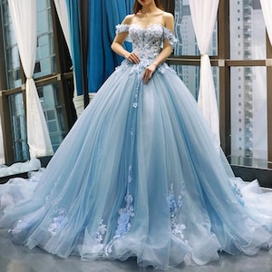 Stunning Light Blue & White Cinderella Ball Gown Wedding Dress with Deluxe Lace Corset Bodice.