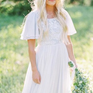 Simple Boho White or Ivory Garden Wedding Dress - Chiffon with Square Neck & Flutter Sleeves