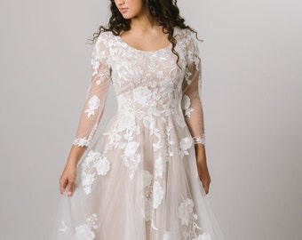 Beautiful Blushing Pink Satin Dress with Deluxe Ivory Lace Overlay & Long Illusion Sleeves - Button Back