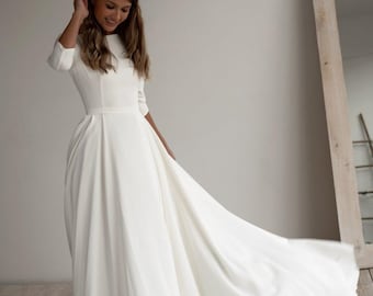 Elegant Simple Wedding Dress Modest Crepe Satin - Prom Evening Dress or Bridal Gown with Pockets. Ivory or White