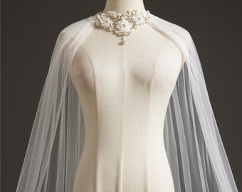 Beautiful Wedding Cape Topper, Sheer with Flower & Pearl Neck - White or Ivory Choice.