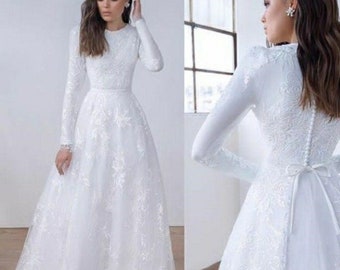 Modest Brilliant White LDS Wedding Dress with Floaty Skirt & High Button Back