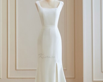 Lovely Simple Crepe Satin White or Ivory Wedding Dress with Unusual Skirt Bustle and Low Button Back