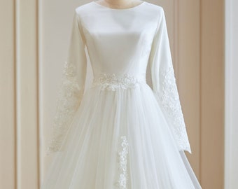 Modest Wedding Dress, Satin & Chiffon with Long Sleeves and Button Back. Ivory or White