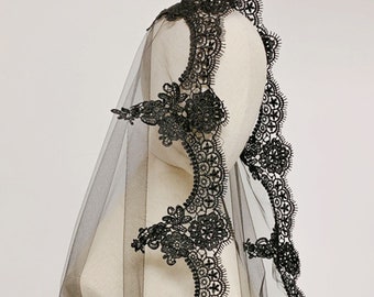 Beautiful Single Layer Black Goth Hand Made Bridal Wedding VEIL - 150x150cm.