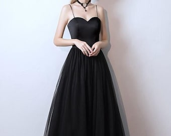 Simple Black Bridesmaid or Prom Dress with Satin Fitted Corset Bodice and Ankle Length Skirt