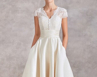 Beautiful Soft Cream Duchess Satin Tea Length Short Wedding Dress - Vintage Lace with Pockets