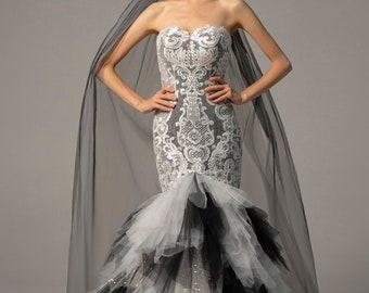 Dramatic Black and White Grey Gothic Wedding Dress or Prom Gown with Ruffles Non Traditional Inc Veil