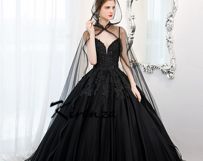 Deluxe Black Wedding Dress With Dramatic Veil Ball Gown Bridal - Etsy