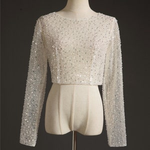 Beautiful Sparkly Wedding or Bridal Top Bolero - Soft Illusion Ivory Tulle with Faux Pearl & Sequin Detail