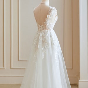 Beautiful Lightweight Boho Wedding Dress with Sheer Bodice & Low Back - Floor Length No Train