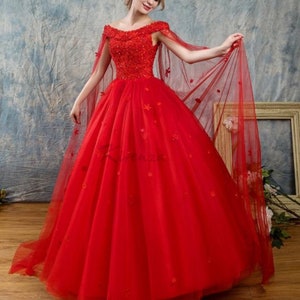 Deluxe Red Ballgown Wedding Dress or Party Gown with Unusual Sheer Cape