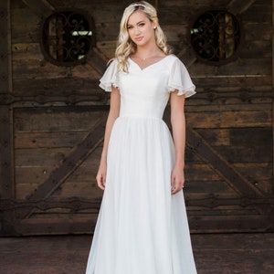 Lightweight Chiffon Wedding Dress with Flutter Sleeves - Ivory, White or Champagne Choice