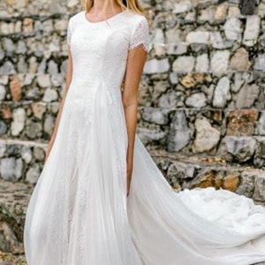 Modest Lightweight White or Ivory Wedding Dress - Floaty Chiffon & Lace with Lace Up Back