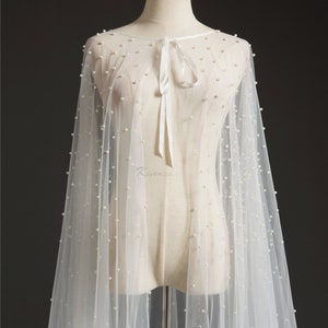 Soft Tulle Hand Made Wedding Bridal CAPE with Pearl Detailing. Light Ivory