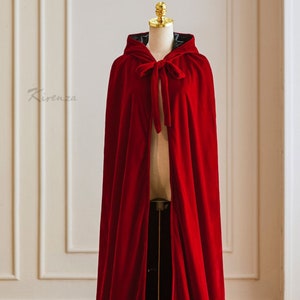 Hand Made Deluxe Velvet Long Red Cloak Cape With or Without Hood & Black Silk Lining - 180cm. Also in Black