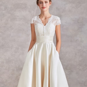 Beautiful Soft Cream Duchess Satin Tea Length Short Wedding Dress - Vintage Lace with Pockets