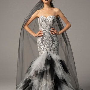 Dramatic Black and White Grey Gothic Wedding Dress or Prom Gown with Ruffles Non Traditional Inc Veil image 1