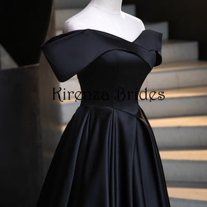 Stunning Simple Black Satin Wedding Dress with Portrait Off Shoulder Neck & Fitted Bodice