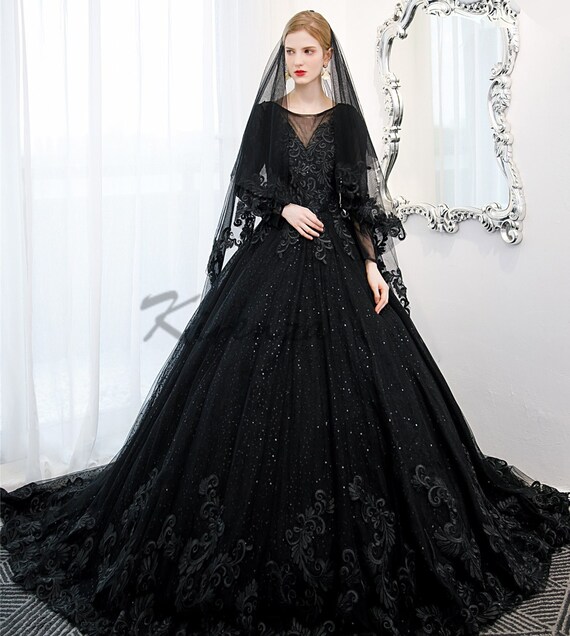 Gorgeous Dramatic Luxury Black Goth Long Sleeve Wedding Bridal - Etsy UK