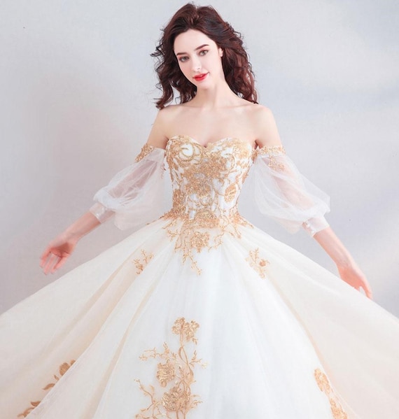 Stunning Princess White and Gold Filigree Wedding Gown or - Etsy