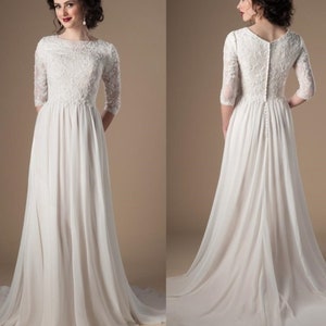 Elegant Ivory White Vintage Boho Wedding Dress with 3/4 Sleeves - Modest with High Button Back