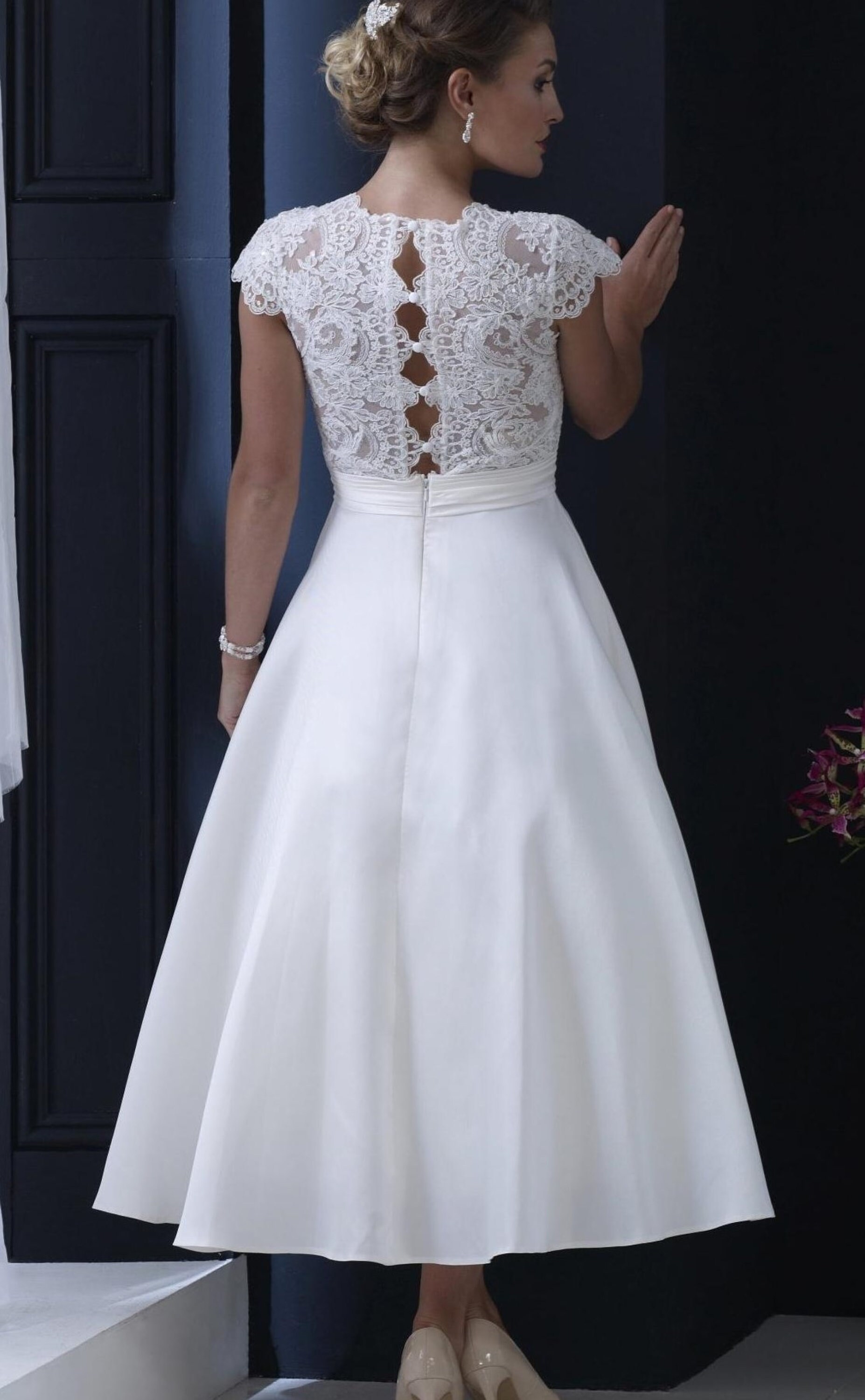 Beautiful Tea Length Wedding Dress Outfit Ivory or White Satin