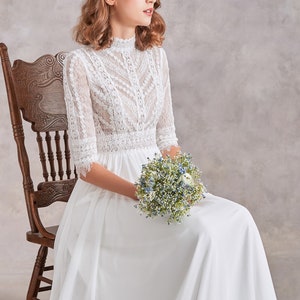 Lightweight Chiffon & Lace Mimosa Modest Wedding or Ceremony Dress with High Neck, Ivory or White