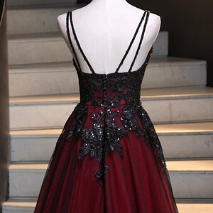 Deluxe Dark Red & Black Alternative Gothic Wedding Dress with Plunge Bodice and Beading