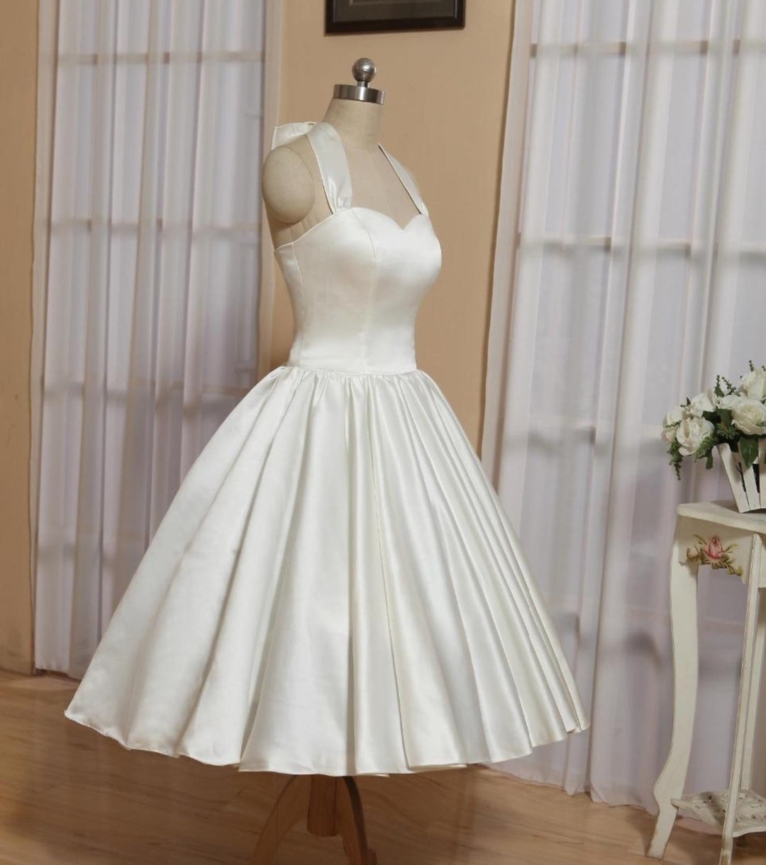 Ivory White Satin Tea Length Wedding Dress 1960's Style With Halter ...