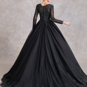 Black Wedding Dress With Long Sleeves Button Back Petticoat & Veil ...