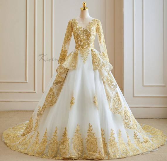 white and gold wedding dresses