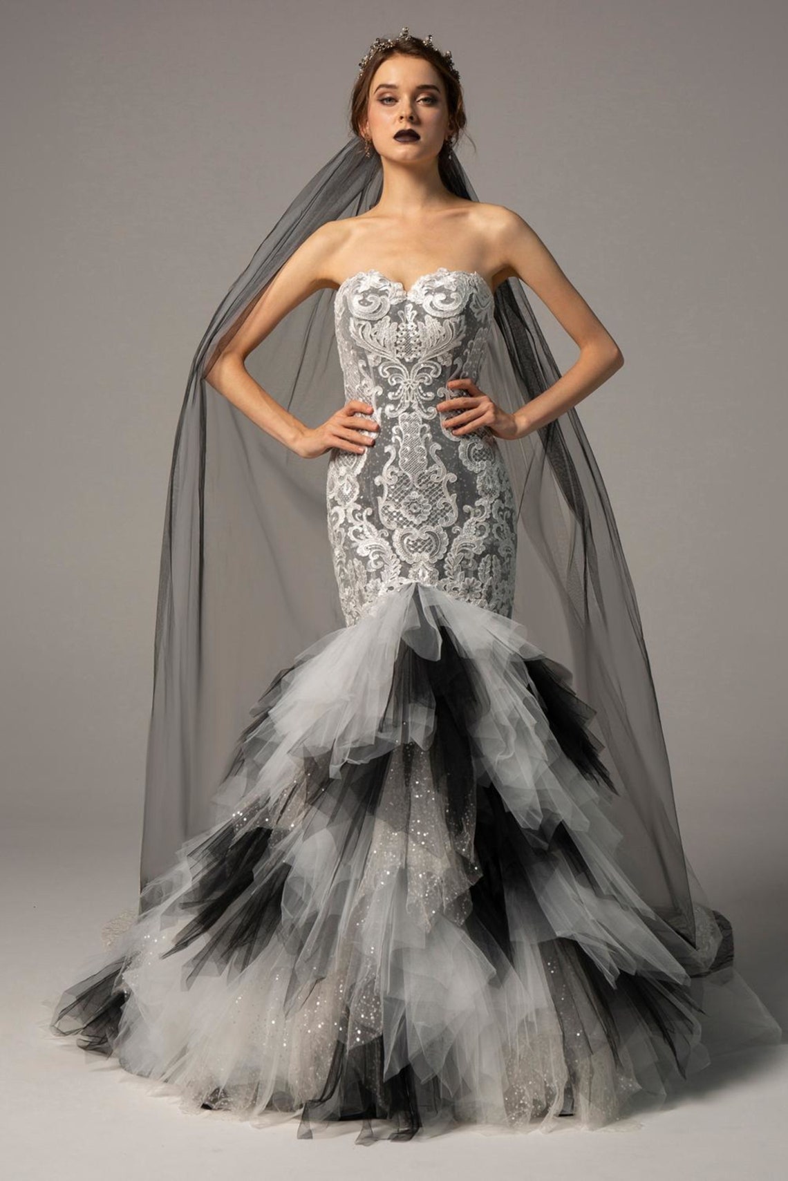 Dramatic Black and White Grey Gothic Wedding Dress or Prom image 1