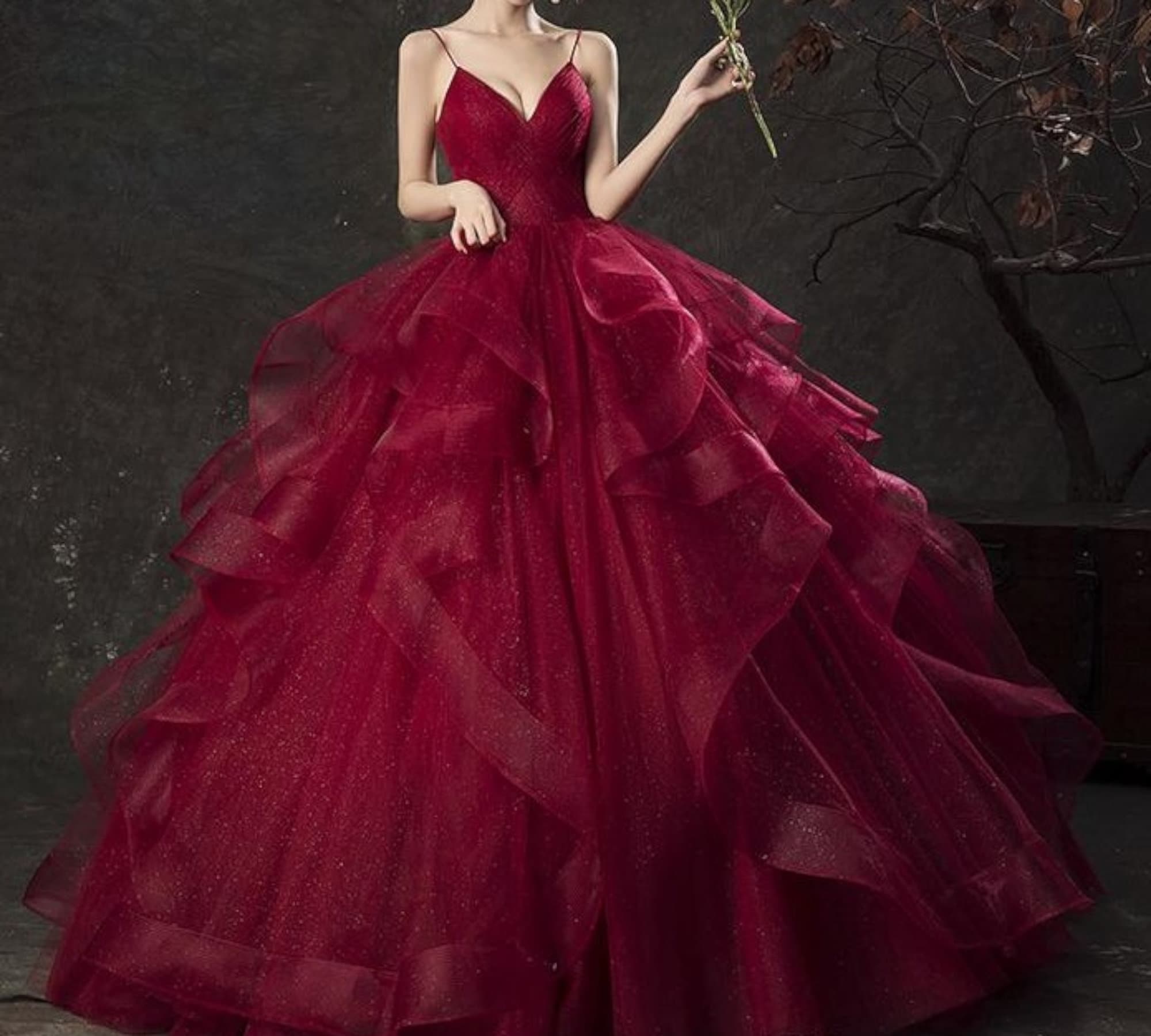 Dark Red V Neck A-line Tulle Long Evening Prom Dresses, Evening Party –  SposaDresses