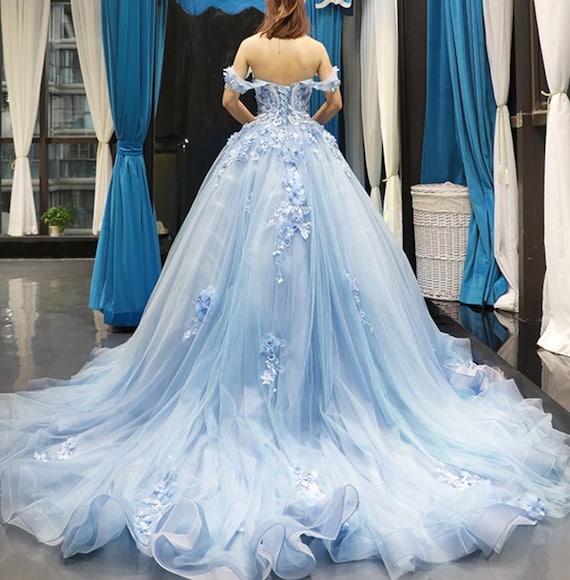 Stunning Light Blue & White Cinderella Ball Gown Wedding Dress