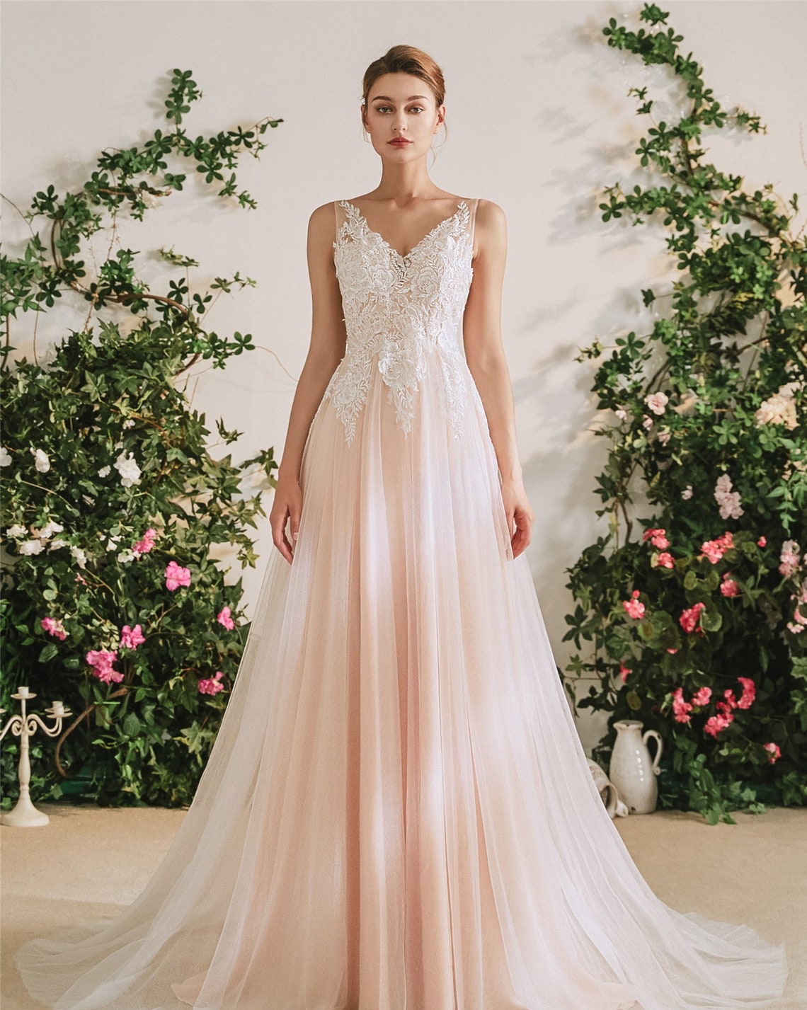 Romantic Soft Pink & White Chiffon Lace Wedding Dress or image 1
