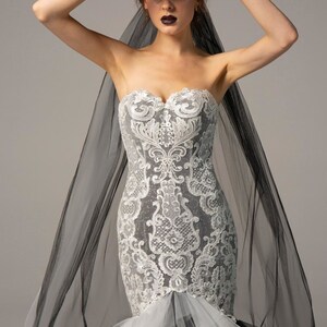 Dramatic Black and White Grey Gothic Wedding Dress or Prom Gown with Ruffles Non Traditional Inc Veil image 2