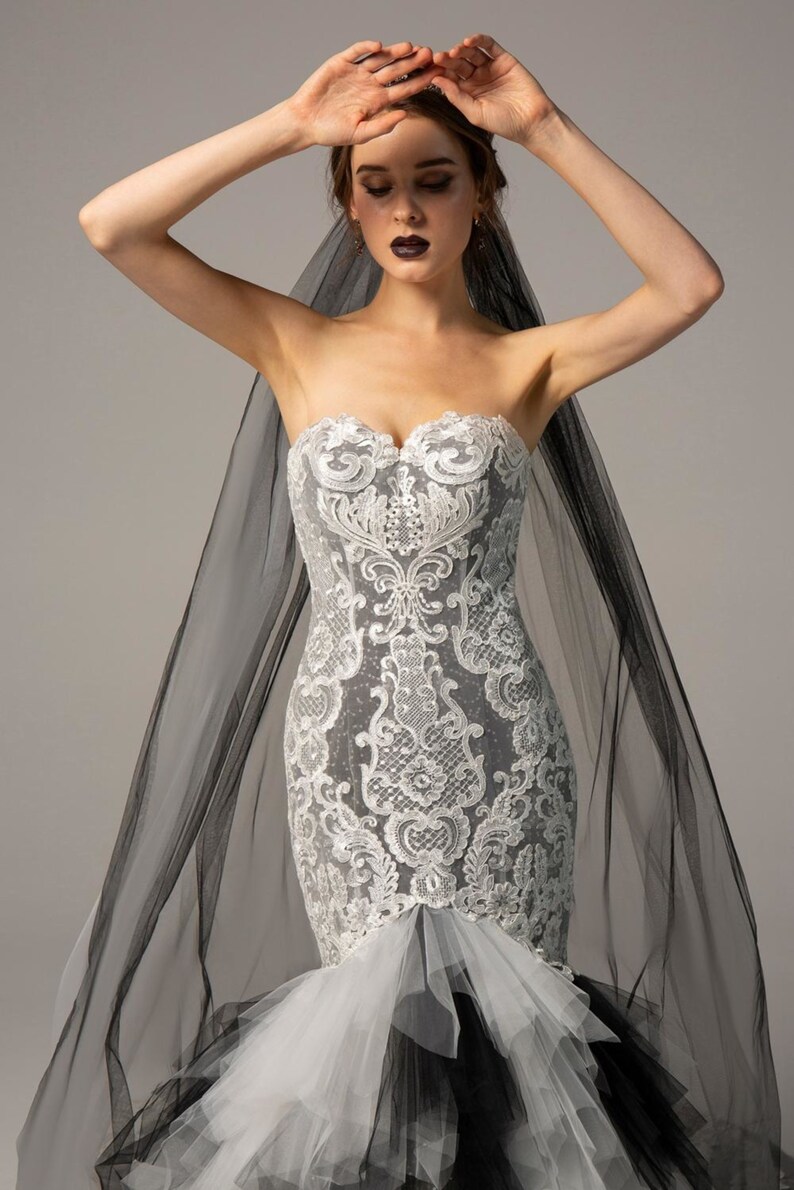 Dramatic Black and White Grey Gothic Wedding Dress or Prom Gown with Ruffles Non Traditional Inc Veil image 2