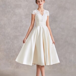 Beautiful Soft Cream Duchess Satin Tea Length Short Wedding Dress ...